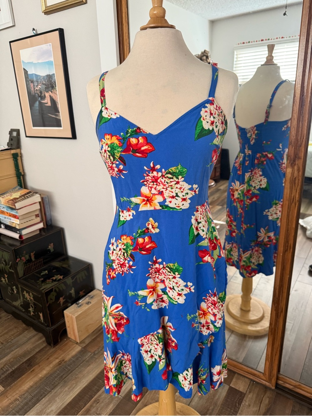 Express Royal Blue Floral Spaghetti-Strap Mini Dress
